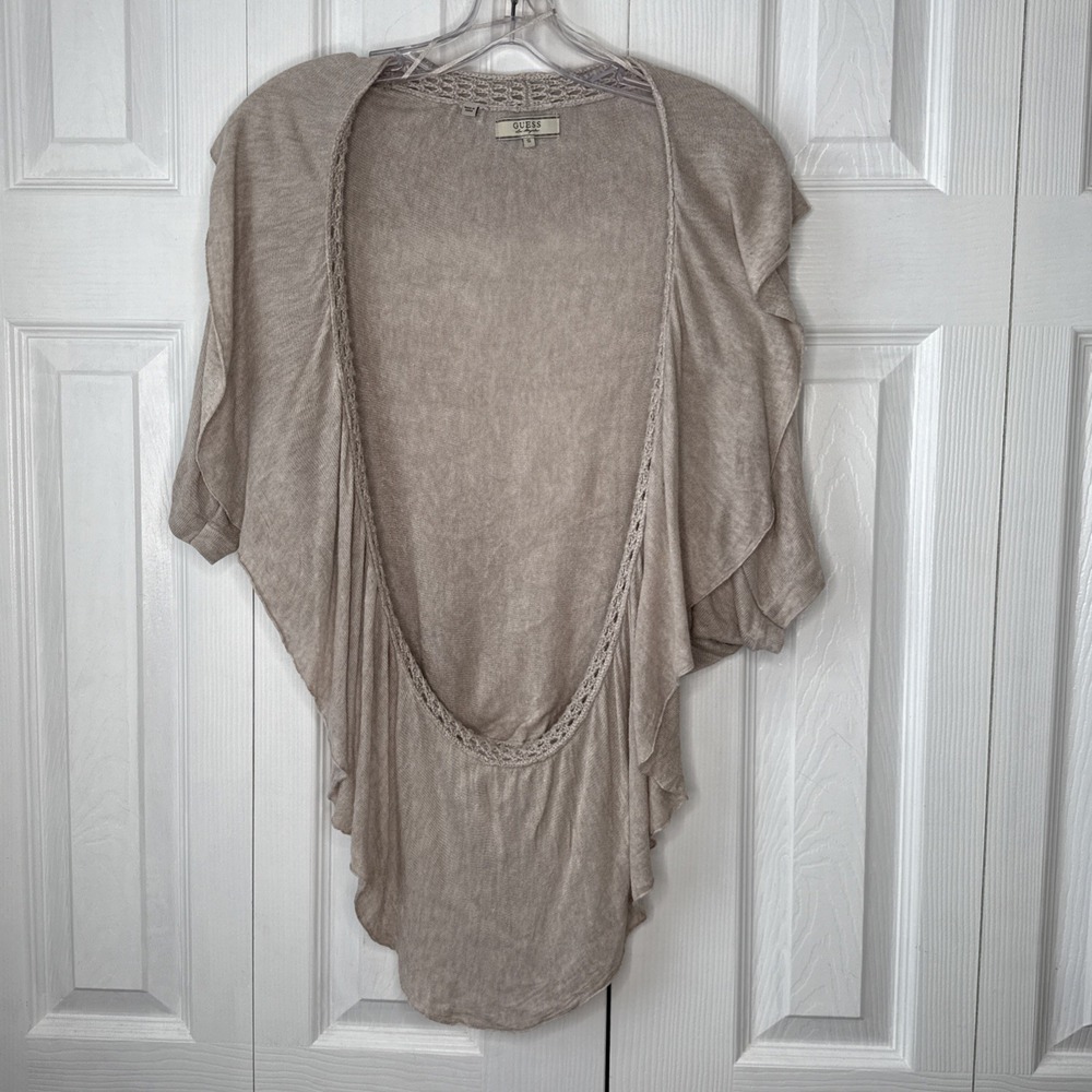 GUESS Women's Small Taupe Open‎ Front Knit Cardigan Draped Shawl Ruffle Sweater